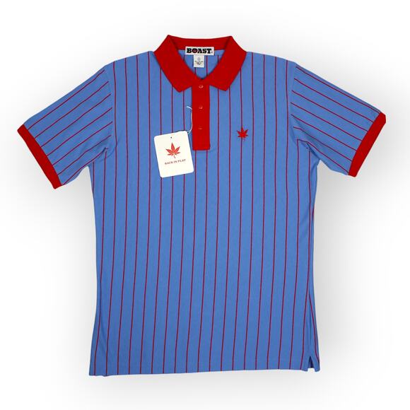 BOAST USA Men Small Vertical Stripe Polo Carolina Blue Red Leaf Logo NWT $95 - Picture 10 of 10